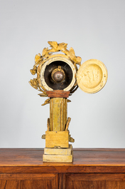 A French polychromed and gilt wooden portico clock on column with harvest design, 18th C. and later