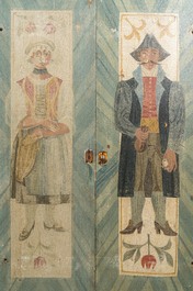 Vier vermoedelijk Duitse polychrome houten panelen met diverse personages, 19/20e eeuw