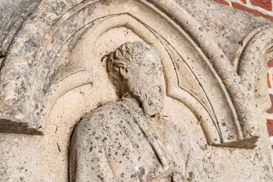 An architectural sandstone fragment with Saint Mark and a lion, 14/15th C.