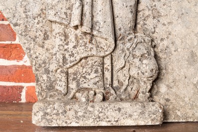 An architectural sandstone fragment with Saint Mark and a lion, 14/15th C.