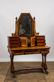 An oak wooden, burl wood veneered and ebonised wooden dressing table, 19th C.