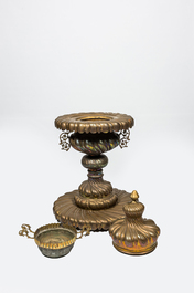 A three-part brass brasero on foot, 19th C.