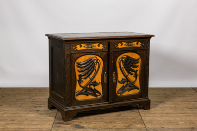 A partly veneered oak wooden Art Nouveau-style linen cupboard with marble top, 20th C.