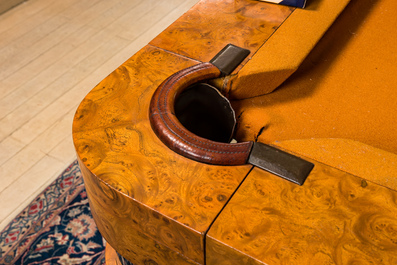 A burl wood veneered billiard table with accompanying lighting and cue holder, 20th C.