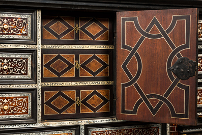 A Spanish partly ebonised wooden cabinet with tortoiseshell veneer and engraved bone plaques, 19th C.