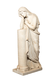 A large marble sculpture of a weeping lady or pleurant resting on a column, France, 19th C.