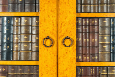 Een Frans esdoorngefineerd 'trompe l'oeil' paneel in de vorm van een bibliotheek, 1e helft 20e eeuw