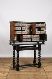 A Spanish partly ebonised wooden cabinet with tortoiseshell veneer and engraved bone plaques, 19th C.