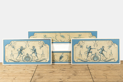 Four French polychrome wall coverings with monkeys and birds, 19th C.