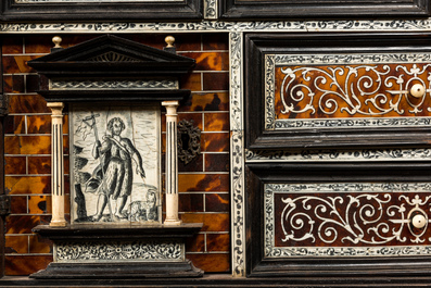 A Spanish partly ebonised wooden cabinet with tortoiseshell veneer and engraved bone plaques, 19th C.