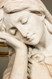 A large marble sculpture of a weeping lady or pleurant resting on a column, France, 19th C.