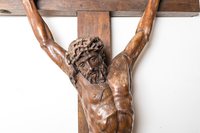 A large crucifix with carved walnut Corpus Christi, 17th C.
