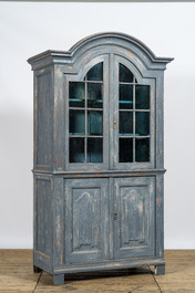 A blue patinated wooden display cabinet, 19th C.