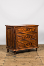 An oak wooden parquetry chest of drawers, ca. 1800