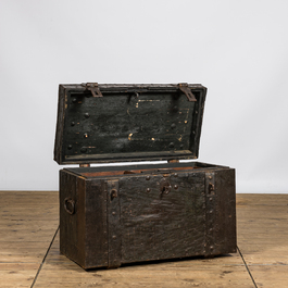 An iron-mounted wooden trunk with interior compartments, 17/18th C.