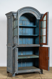A blue patinated wooden display cabinet, 19th C.