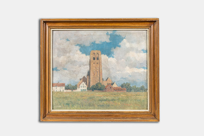 Karel Van Lerberghe (1889-1953): 'Zicht op de kerk van Lissewege', olie op paneel