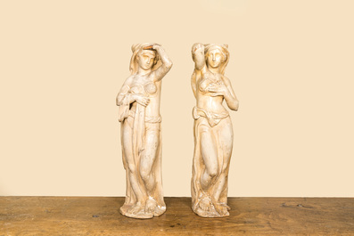 A pair of white patinated wooden models of caryatids, ca. 1900