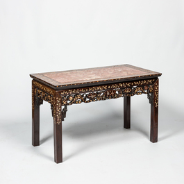 A Chinese marble top and mother-of-pearl inlay side table, 19th C.