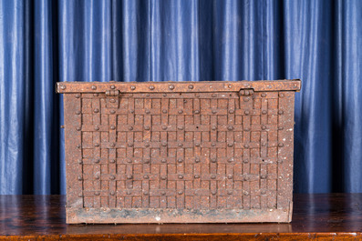 An iron-mounted wooden strongbox, 18/19th C.