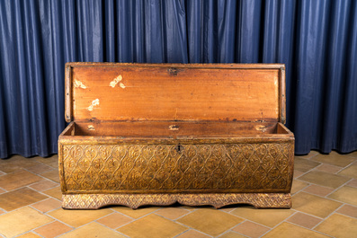 An Italian wooden 'pastiglia' coffer with Fleur-de-lis and rampant lions, Florence, 16th C.