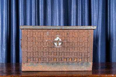 An iron-mounted wooden strongbox, 18/19th C.