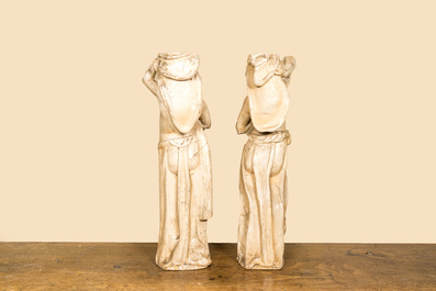 A pair of white patinated wooden models of caryatids, ca. 1900