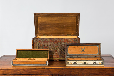 Two bone-inlaid wooden boxes and a leather-mounted coffer with brass mounts, India and Northern Africa, 19/20th C.