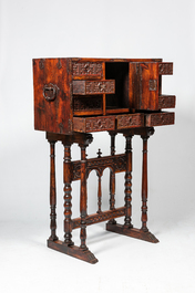 A Spanish wooden 16th-C. style 'bargue&ntilde;o' cabinet on foot, 19th C.