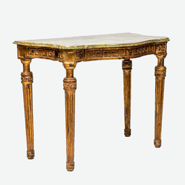 A faux marble-painted and gilt wooden console table, France, 19th C.