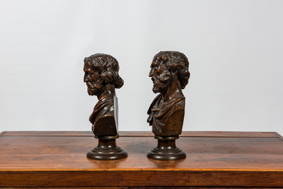 A pair of Flemish wooden busts of evangelists on a base, 17th C.