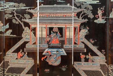 A Chinese lacquered six-part folding screen with a narrative 'immortals' scene, 20th C.