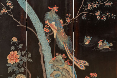 A Chinese lacquered six-part folding screen with a narrative 'immortals' scene, 20th C.