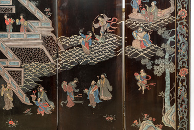 A Chinese lacquered six-part folding screen with a narrative 'immortals' scene, 20th C.