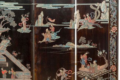 A Chinese lacquered six-part folding screen with a narrative 'immortals' scene, 20th C.