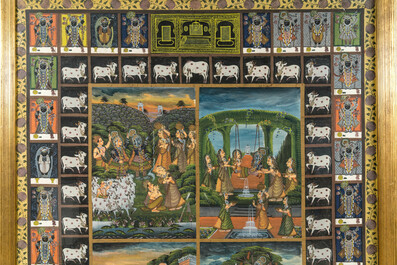 A large four-miniature oil and ink on textile painting, India, 20th C.