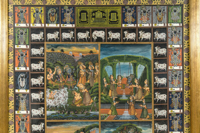 Grand tableau compos&eacute; de quatre miniatures en encre et couleurs sur textile, Inde, 20&egrave;me