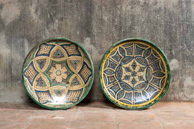 Four Moroccan polychrome 'Fez' pottery dishes, 19/20th C.