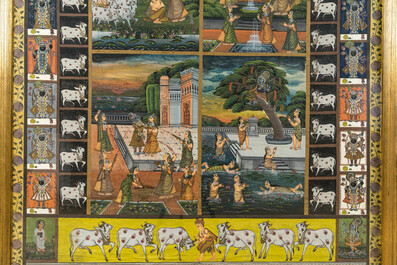 Grand tableau compos&eacute; de quatre miniatures en encre et couleurs sur textile, Inde, 20&egrave;me