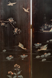 A Chinese lacquered six-part folding screen with a narrative 'immortals' scene, 20th C.