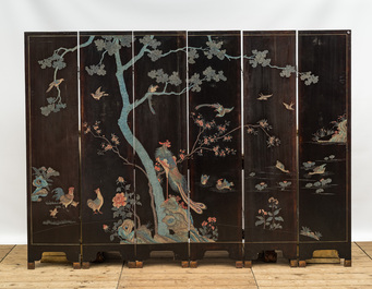 A Chinese lacquered six-part folding screen with a narrative 'immortals' scene, 20th C.