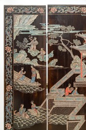A Chinese lacquered six-part folding screen with a narrative 'immortals' scene, 20th C.
