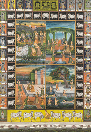 Grand tableau compos&eacute; de quatre miniatures en encre et couleurs sur textile, Inde, 20&egrave;me