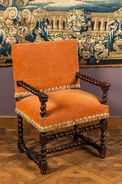 A baroque walnut 'barley twist' armchair with lions' heads, 17th C.