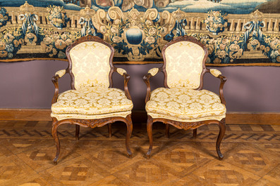A pair of French Louis XV walnut chairs, 18th C.
