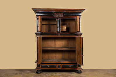 A Dutch oak, walnut veneer and ebonised wooden 'Kussenkast' cupboard, 17th C.