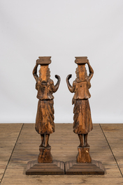 A pair of oak wooden caryatids on foot, 19th C.