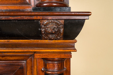 A Dutch oak, walnut veneer and ebonised wooden 'Kussenkast' cupboard, 17th C.