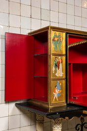 A Gothic Revival cabinet on stand depicting the Battle of Sluys, 20th C.
