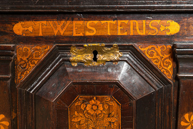 An imposing oak wooden linen coffer with marquetry, personalized inscription and date 1778, 18th C.